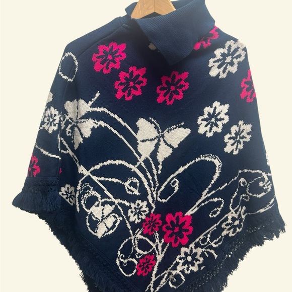 Sweaters - D-Line Navy Poncho with Pink and White Floral Design